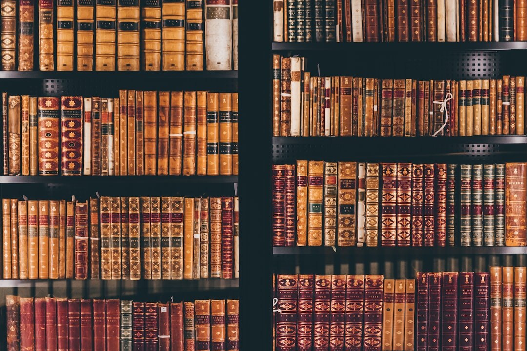Shelf filled with old leather-bound books in a dim library